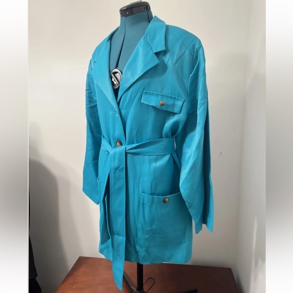 Vintage Delmar Apparel Plus Teal Unlined Pockets Belted Trench Coat Size B6 - Picture 3 of 7